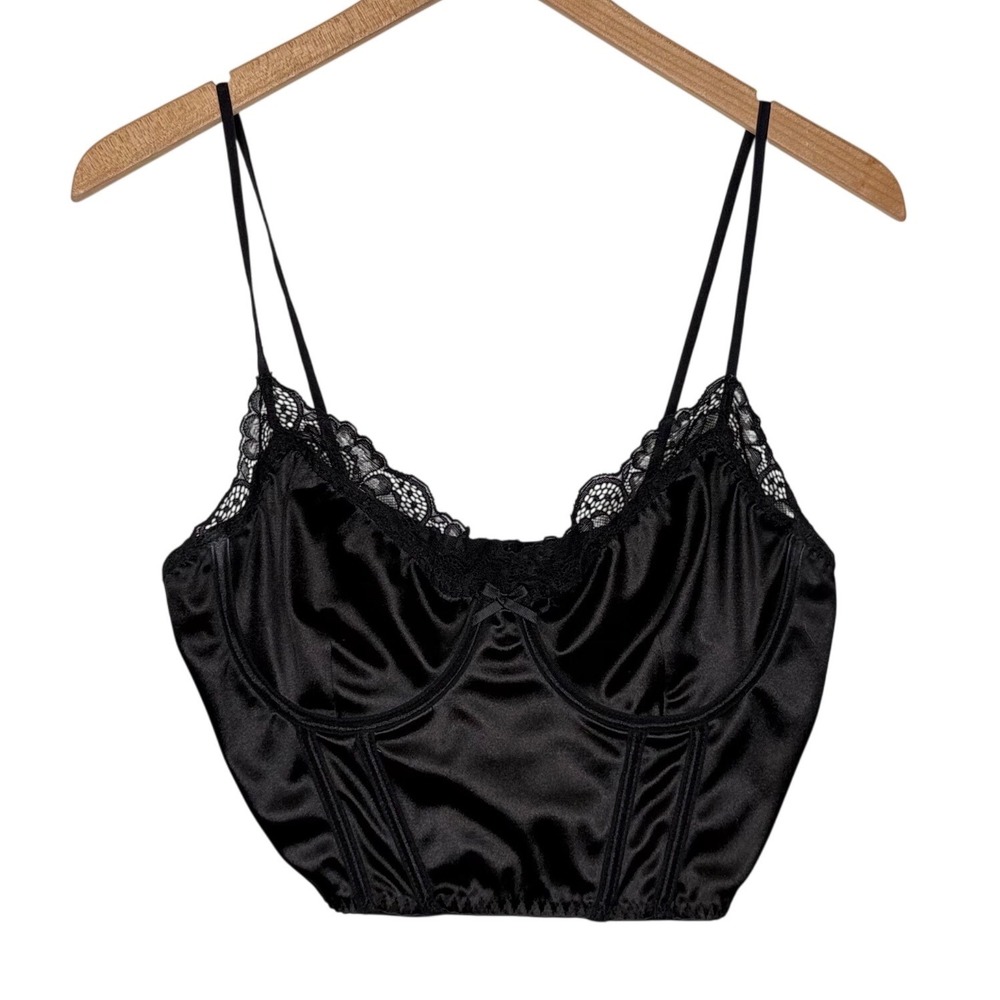 Black‎ Satin Corset Top Women's L Lace Goth Dark Fairy Y2K Going Out Coquette